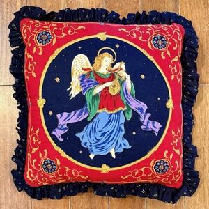 VTG Handmade Cranston Double Sided Angel Ruffle Pillow 15x15" Lute Stars Wings